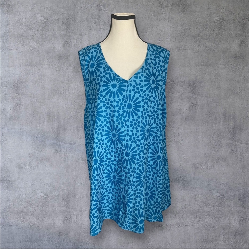 FLAX‎  Designs Blue Flourish Linen Pullover Tank Top Womens L Laganlook Beach